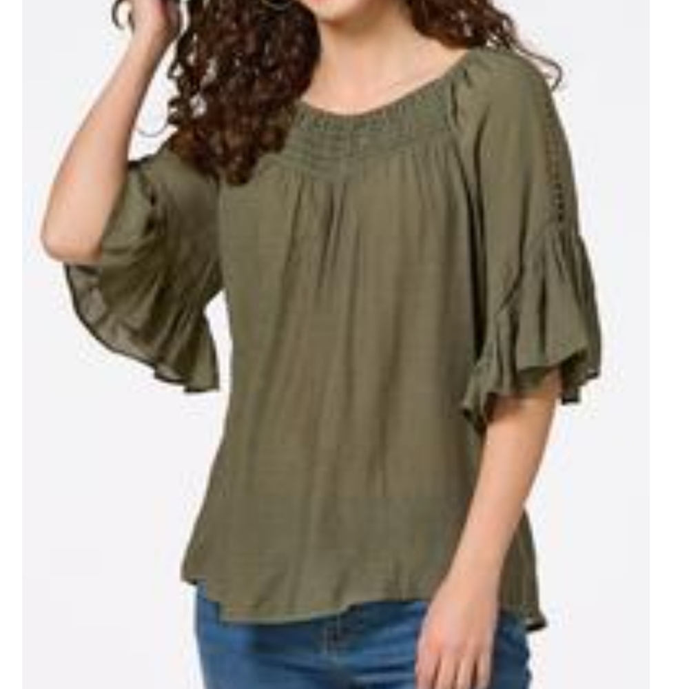 Olive Green ruffle sleeve top NWT
